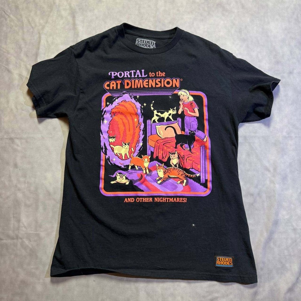 Steven Rhodes Portal to the Cat Dimension Black Graphic T-Shirt Mens Small S